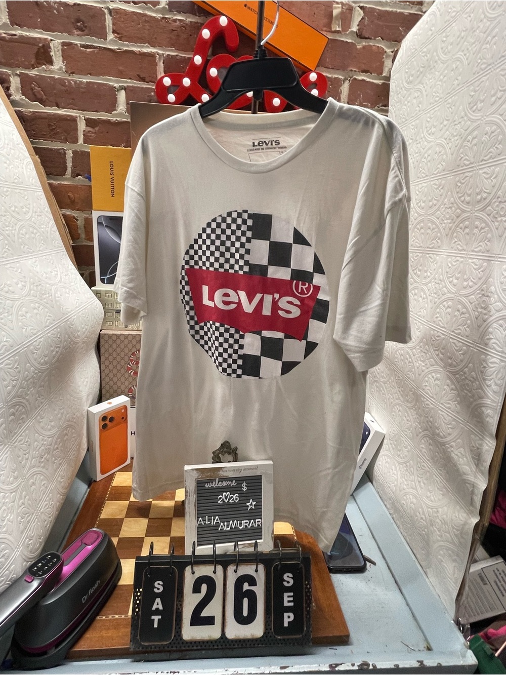 Levi's graphic tee stands out with its bold black-and-white checkered